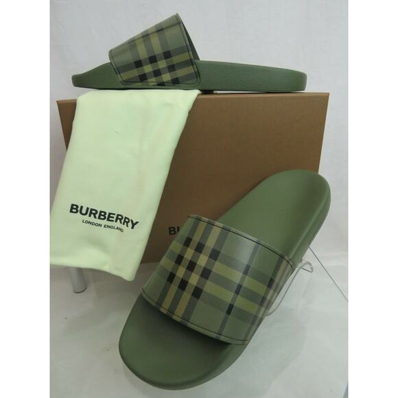 NIB BURBERRY FURLEY GREEN RUBBER CHECK LETTERING LOGO SANDAL SLIDES EUR 41 US 8 - Picture 2 of 9